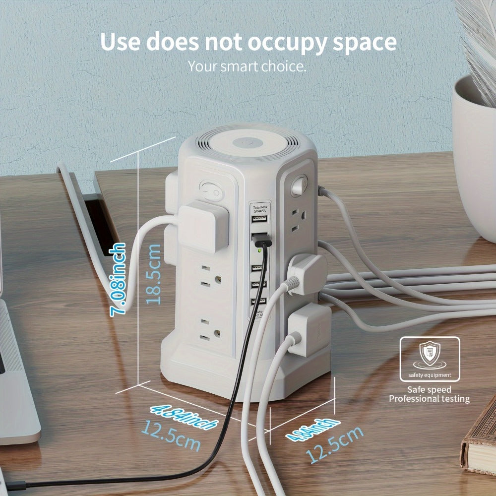 Night Light Power Tower Surge Protector 17-in-1, 12 AC Outlets & 5 USB Ports, 10.2ft Extension Cord, 4 Independent Switches, Overload Protection Charging Station for Home Office Dorm Room – White