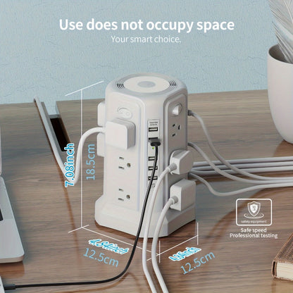 Night Light Power Tower Surge Protector 17-in-1, 12 AC Outlets & 5 USB Ports, 10.2ft Extension Cord, 4 Independent Switches, Overload Protection Charging Station for Home Office Dorm Room – White