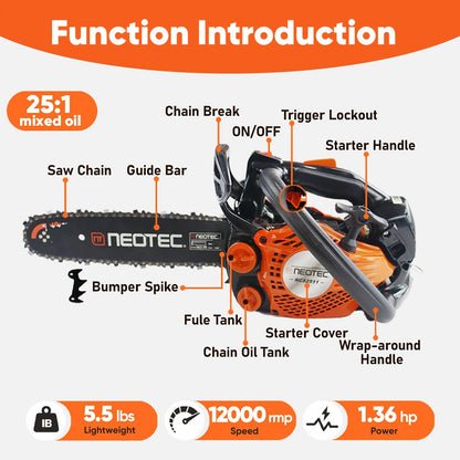 25CC 12-Inch Top-Handle Gas Chainsaw with 12000 RPM Source Rating and 5.5-Pound Body Configuration