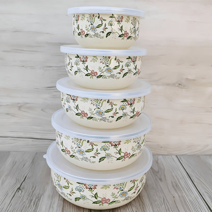 Food Storage Containers Five-Piece Enamel Bowl Set with Lids for Refrigerator, Office and Camping Use