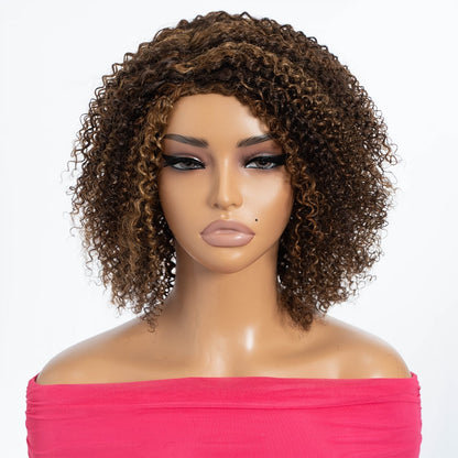Jerry Curl Human Hair Wig with Bangs, 12-Inch Length and P4/30/27 or P1B/30 Highlight Options