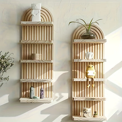 Oval Wood Wall Shelf with Arched Slat Frame, Horizontal Display Tiers and Three- or Five-Tier Options
