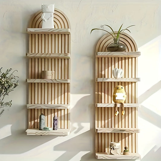 Boho Wooden Wall Shelf Floating Plant Shelf – 3 or 5 Tier Oval Hanging Flower Pot Rack, Minimalist Bedroom Living Room Storage Display Shelf, Wall-Mounted Wood Decor for Home & Apartment