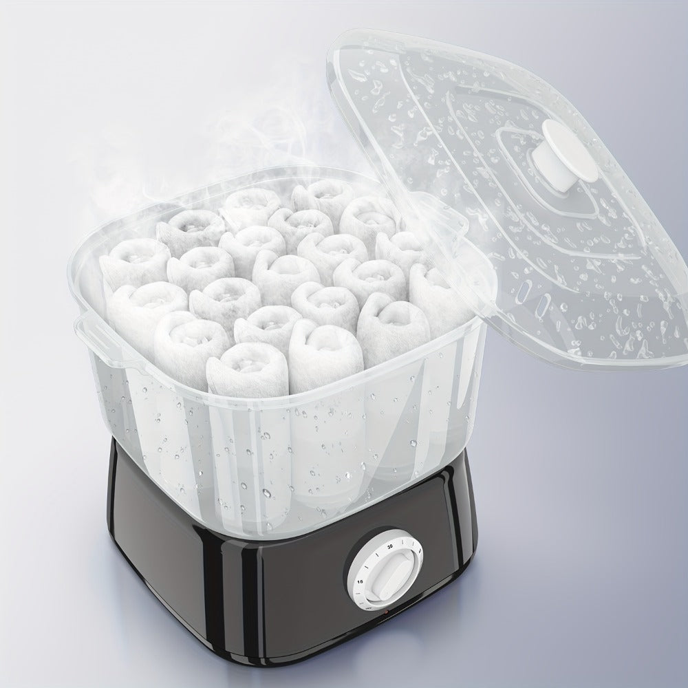 Compact Countertop Towel Steamer with Rotary Control, Black or White Base and Removable Clear Container
