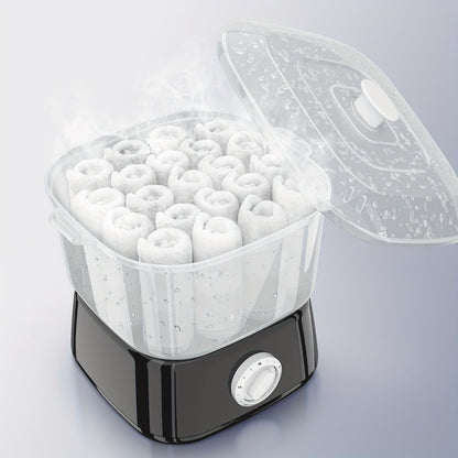 Compact Countertop Towel Steamer with Rotary Control, Black or White Base and Removable Clear Container