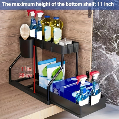 Two-Tier Under-Sink Organizer with Lower Sliding Basket, Four Removable Hooks and One Hanging Cup