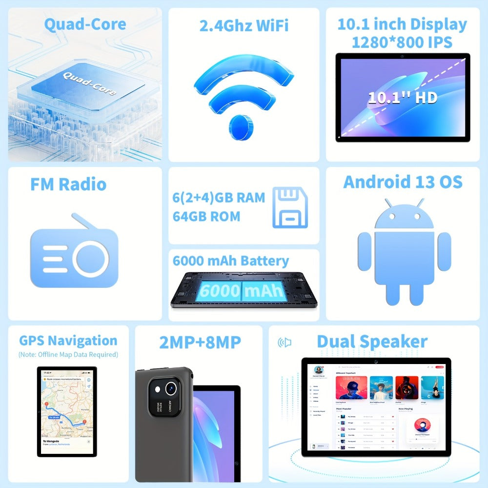 Android 13 Tablet 10 Inch 6GB RAM 64GB ROM Quad-Core IPS HD Touchscreen, Long Battery Life, Large Storage Capacity, Powerful Performance Portable Tablet PC for Work Study Entertainment Adults Kids
