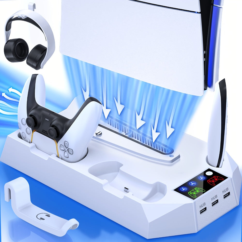Five-in-One Console Stand Compatible with PS5 Models, Dual Controller Dock, Fan, USB Hub and Headset Holder