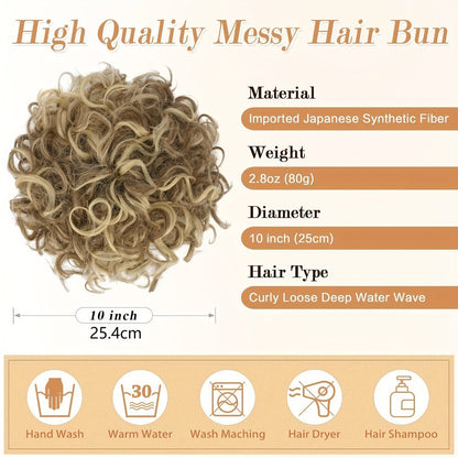Drawstring Curly Bun Hairpiece Clip In Loose Messy Updo Hair Extension 10 Inch – Thick Voluminous Fake Bun Ponytail Wrap for Women Brown Dark Blonde All Hair Types No Heat