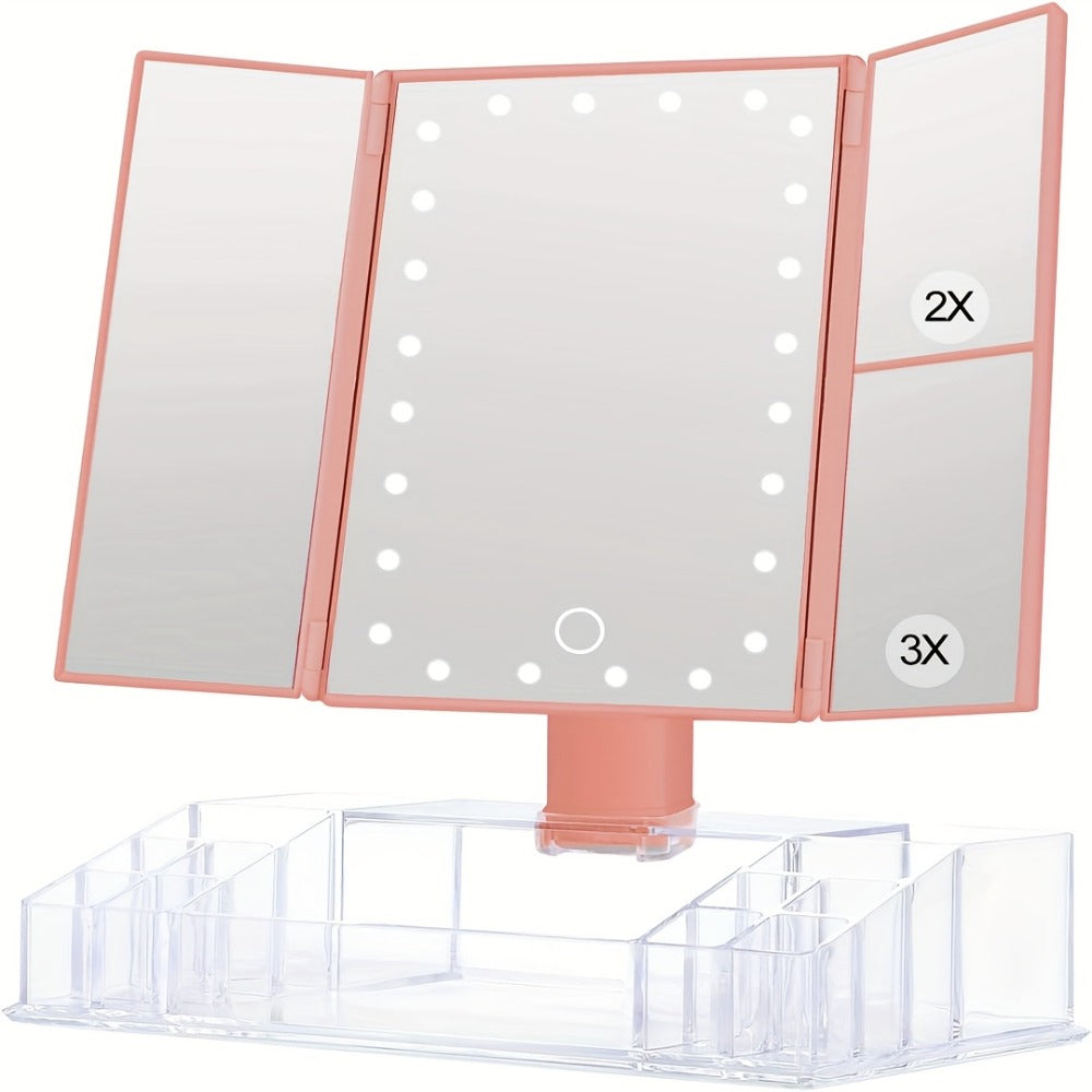 Makeup Mirror Tri-Fold Vanity with 24 LEDs, 1X 2X and 3X Panels, Touch Dimming, Storage Base and Dual Power