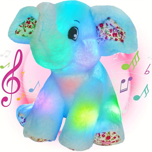Plush Toy – Blue Elephant with LED Glow and Optional Lullaby Music for Soft Room Display and Gifting