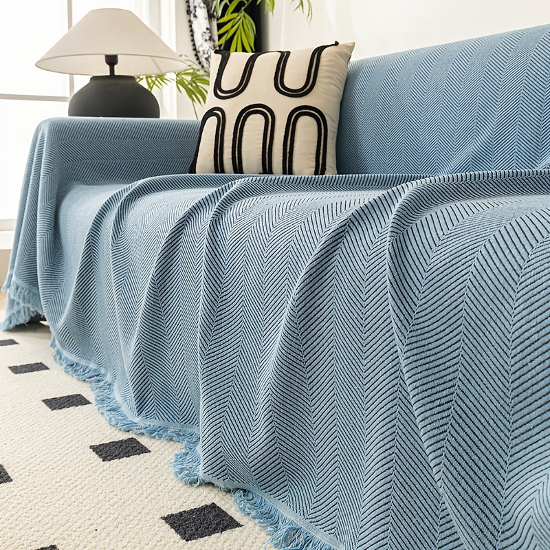 Sofa Cover 71-Inch Herringbone Jacquard Woven Throw with Tassel Fringe in Grey, Coffee, Green or Blue