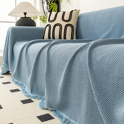 Sofa Cover 71-Inch Herringbone Jacquard Woven Throw with Tassel Fringe in Grey, Coffee, Green or Blue