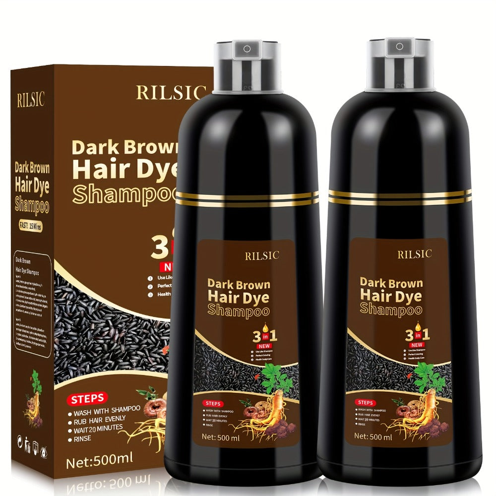 Hair Color Shampoo, RILSIC 3-in-1 Two-Pack of 500ml Pump Bottles with Black or Dark Brown Selection