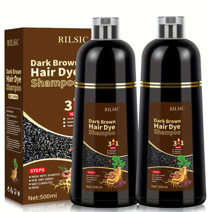 Hair Color Shampoo, RILSIC 3-in-1 Two-Pack of 500ml Pump Bottles with Black or Dark Brown Selection