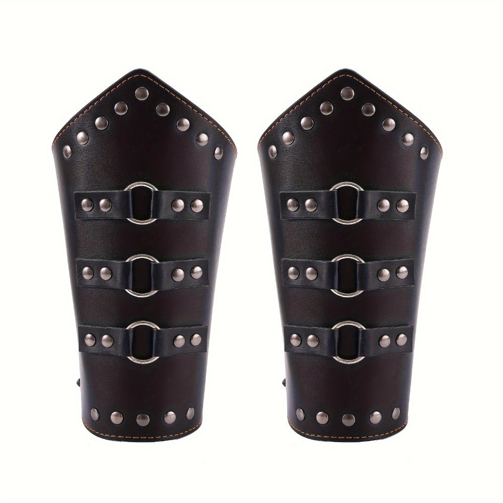 Medieval Arm Bracers 2pcs PU Leather Gauntlet Wristbands for Men, Renaissance Knight Warrior Viking Cosplay Costume Prop for Halloween LARP Stage Performance Photo Shoot, Black & Brown