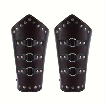 Medieval Arm Bracers 2pcs PU Leather Gauntlet Wristbands for Men, Renaissance Knight Warrior Viking Cosplay Costume Prop for Halloween LARP Stage Performance Photo Shoot, Black & Brown