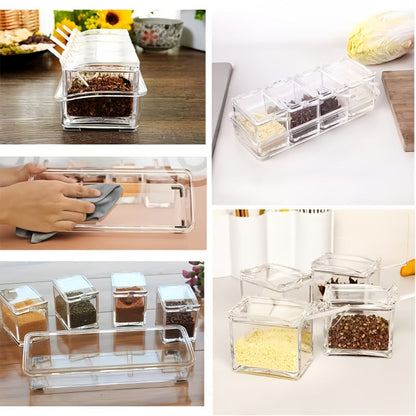 Kitchen Seasoning Storage Box Set of 4 - Transparent Multi-Grid Moisture-Proof Spice Organizer with Flip Lid, Airtight Condiment Container for Home Kitchen Apartment