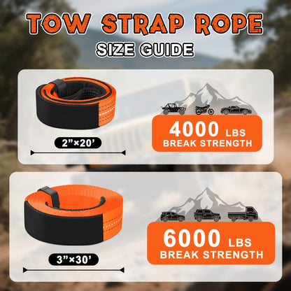Recovery Tow Strap 4-in-1 Kit 4000-6000 LBS - Off-Road Emergency Strap with D-Ring Shackles, Safety Flag & Storage Bag for Truck, Jeep, ATV, UTV