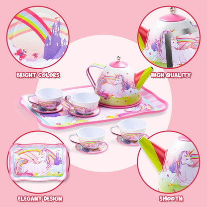 Pink Unicorn Tin Tea Set in Carry Case with Teapot, Four Cups, Four Saucers and Five Plates