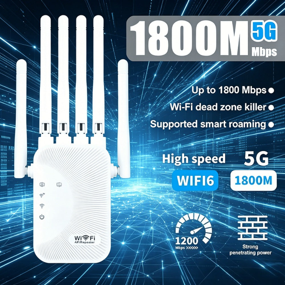 WiFi Range Extender 1800Mbps WiFi 6 Dual-Band 2.4/5GHz with Six Antennas, Ethernet Port and White Wall-Plug Design