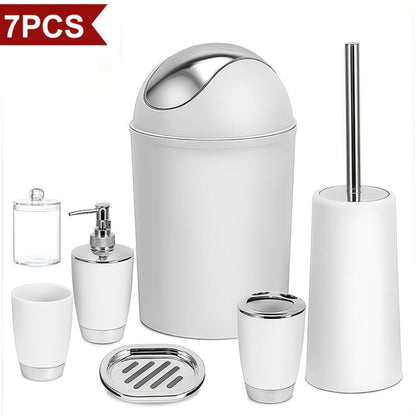 Seven-Piece Bathroom Accessory Set with Waste Bin, Toilet Brush, Dispenser and Containers in Seven Colors