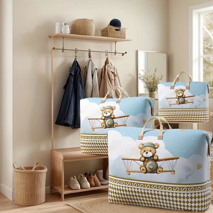 Large Zippered Bedding Storage Bag with Airplane Bear Print, Carry Handles and Exact One-Piece Size Option