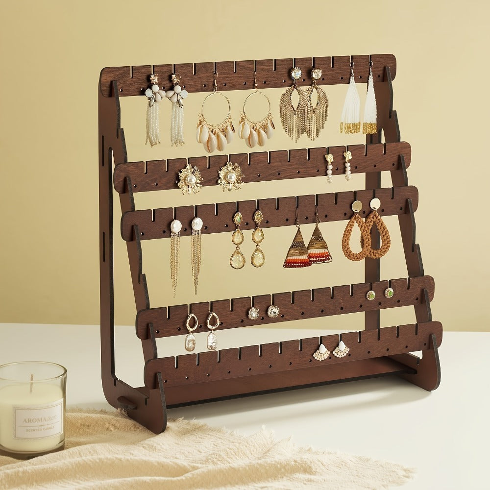 Jewelry Organizer Multi-Grid Brown Tabletop Display Stand with Detachable Panels for Earrings and Rings
