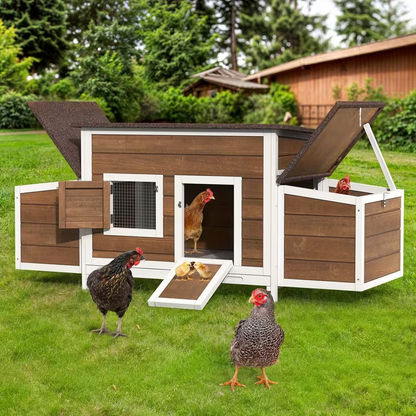 Wooden Hen House with 67in Frame, Two Nest Boxes, Ramp and Gray or Brown Two-Tone Outdoor Finish