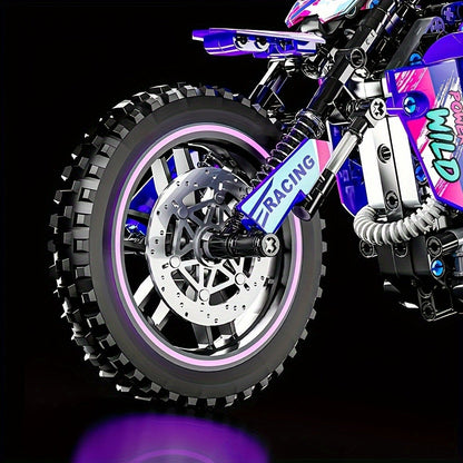 Building Block Set Off-Road Motorcycle Model, 476-Piece Purple and Black Bike with Display Dimensions and Instructions