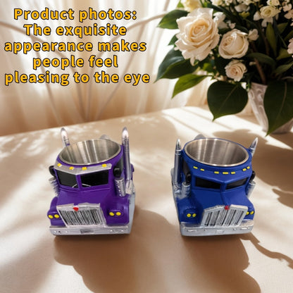 Semi-Truck-Shaped Coffee Mug with Metal-Look Interior and Trim in Blue or Black Color Options