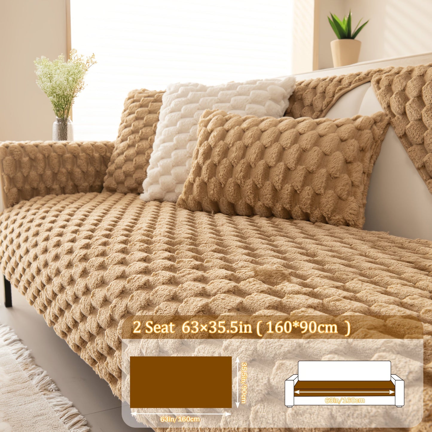 Sofa Cover 35.5-Inch Fuzzy Polyester Single-Piece Pad with Silicone Non-Slip Backing for 2 to 4 Seats