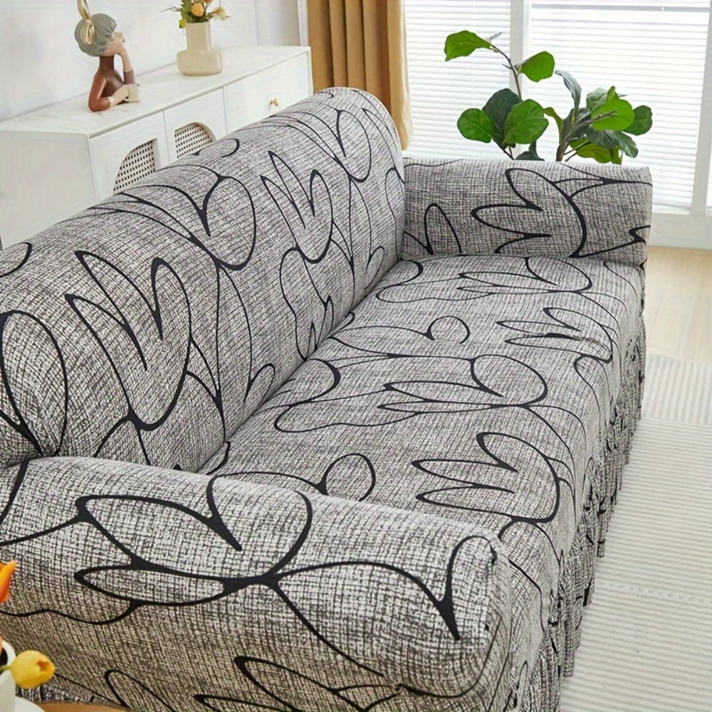 Sofa Cover Gray Printed Skirt Slipcover with Elastic Stretch Fit for 1, 2, 3 or 4-Seater Sofas