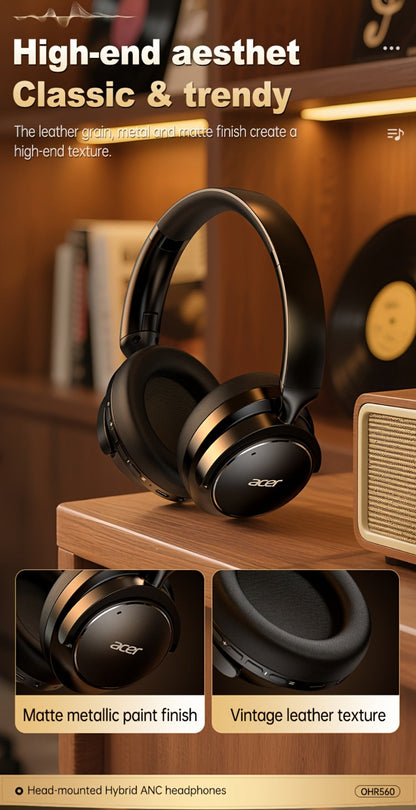 Acer OHR560 ANC Over-Ear Wireless Headphones, Full-Coverage Foldable Design HiFi Stereo HD ENC Call Noise Reduction Built-in Mic, 3.5mm Audio Cable Compatible for Work Travel Gaming Study