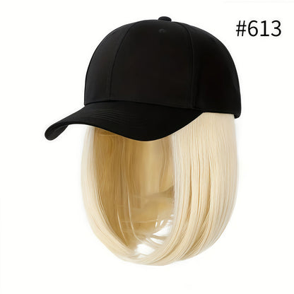 Baseball Cap with Attached 12-Inch Straight Bob Hairpiece in Style4, Black, 613 or 107 Checkout Options