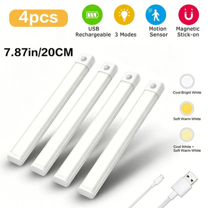 Motion Sensor LED Cabinet Light 4 Pack USB Powered - 3 Color Modes, Wireless Under Cabinet Lighting Bar
