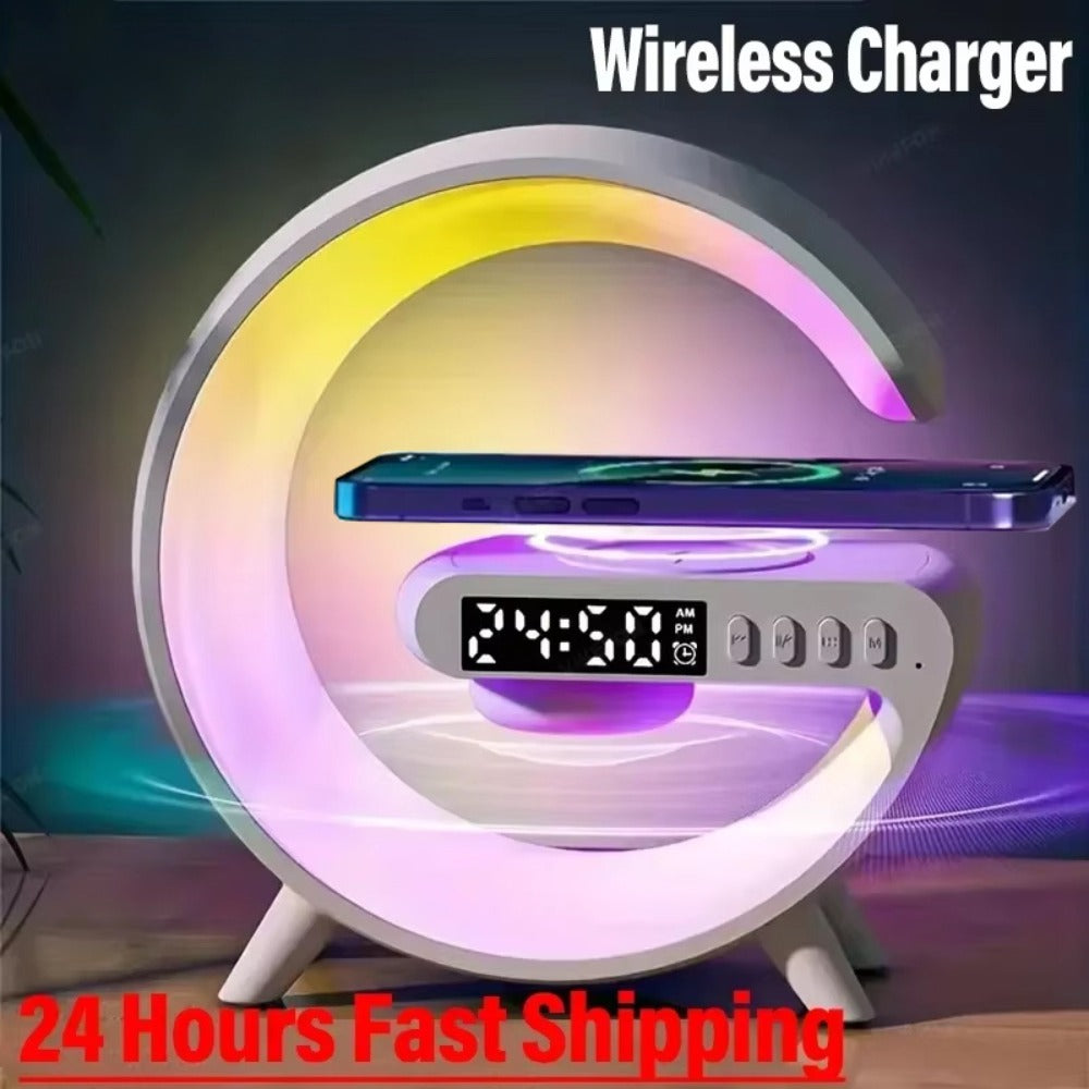 G-Shaped RGB Wireless Charging Lamp with Alarm Clock, Bluetooth Speaker and Black or White Finish