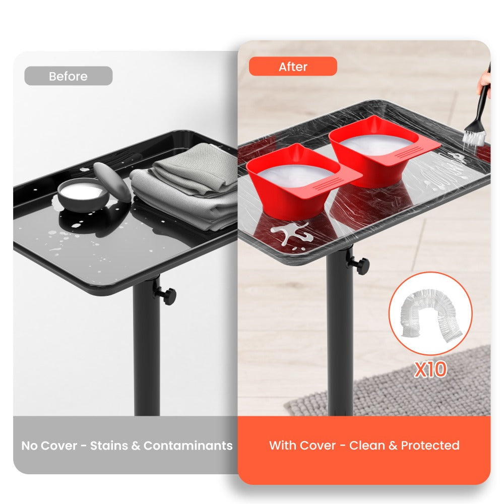 Black Adjustable Salon Tray Cart with 10 Disposable Covers, Rolling Casters and Removable Top Tray