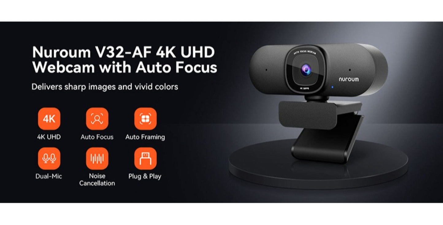 4K Webcam AI Auto Framing True Autofocus with Dual Noise Canceling Mics & 90° FOV – NUROUM V11/V15/V32 Plug and Play USB Camera for Zoom Meetings, Gaming & Home Office, 1080P/2K/4K