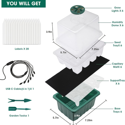 Seed Starter Kit 6-Pack with Grow Light Timing Controller | Adjustable Brightness Thickened Humidity Dome Heightened Lid | Seedling Tray Germination Set
