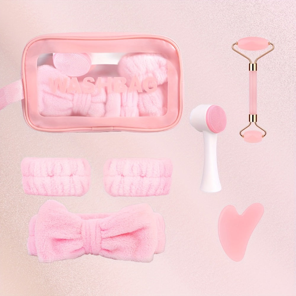 7-Piece Facial Cleansing Accessory Set with Wash Bag, Headband, Wristbands, Face Brush and Roller