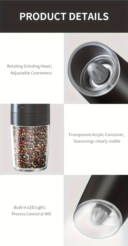 Gravity-Activated Electric Spice Grinder with LED Ring, Adjustable Grind and USB-C or Two-Piece Options