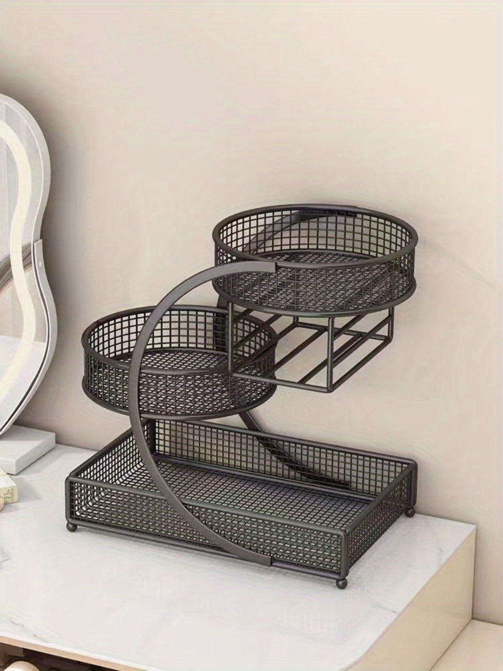 Three-Tier Metal Cosmetic Organizer with Tissue Box Holder in Black or White for Countertop Storage