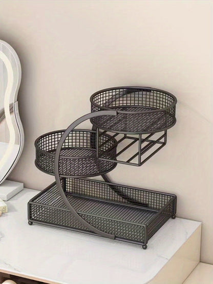 Three-Tier Metal Cosmetic Organizer with Tissue Box Holder in Black or White for Countertop Storage