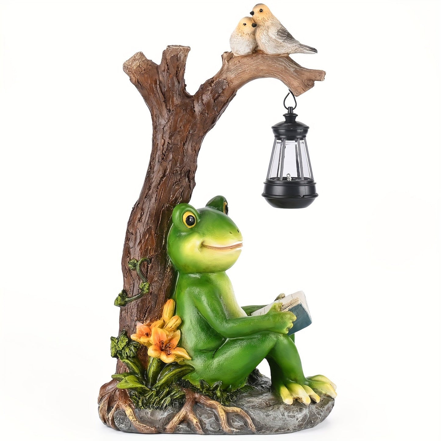 Solar Garden Lights Frog Reading Statue with Lantern, One-Piece Resin Lawn and Patio Ornament