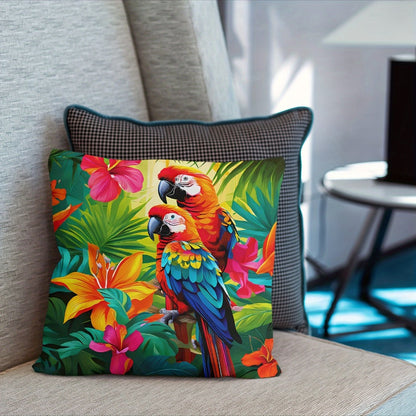 Four-Piece Tropical Pillow Cover Set, 18 x 18 Inches with Parrot and Floral Prints on Polyester Covers