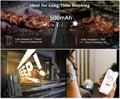 BFOUR BF-40 Wireless Cooking Thermometer with Dual Probes, App Display, Base Screen and USB Charging