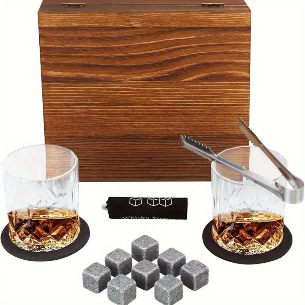 Whisky & Wine Glass Set with Cooling Stones, Ice Tong & Bartender Kit – Portable Bar Accessories for Luxurious Drinking Experience, No Electricity Needed