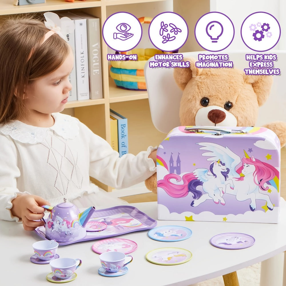 Purple Unicorn Tin Tea Set in Carry Case with Teapot, Four Cups, Four Saucers and Five Plates