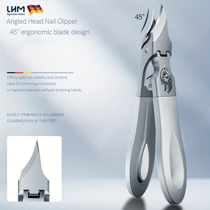 LIAM Wide-Jaw Nail Clipper in Bright Silver with 45-Degree Offset Cutting Edge and Stainless-Steel-Labeled Body